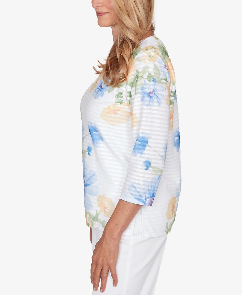 Alfred Dunner Petite Classic Placed Floral Stripe Top