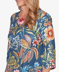 Alfred Dunner Petite Classic Floral Print Pointed Hem Top with Necklace