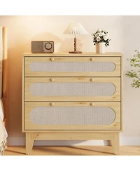gaomon Rattan 3-Drawer Bedroom Dresser, Stylish Oak Storage Chest for Closet Living Room Entryway Hallway
