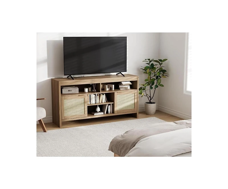 gaomon 58" Boho Tv Stand for 65" TVs, Rattan Entertainment Center with Adjustable Shelves, Oak