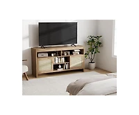 gaomon 58" Boho Tv Stand for 65" TVs, Rattan Entertainment Center with Adjustable Shelves, Oak