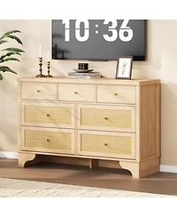 gaomon 7-Drawer Modern Dresser for Bedroom, Wood Chest with Natural Rattan Fronts, Sturdy Base, Organizer for Living Room, Entryway