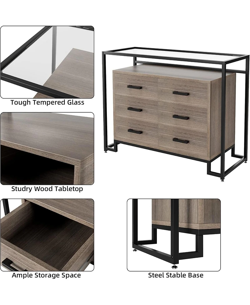 gaomon Kitchen Pantry Cabinet with Glass Doors, 6 Drawers, Microwave Rack, Versatile Storage, Mobile Casters, Dining Room Organizer