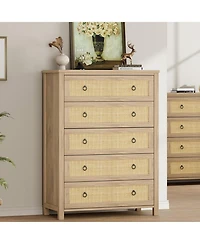 gaomon 5-Drawer Rattan Tall Dresser, 45" Wooden Chest for Clothes Storage, Drawer Organizer, Bedroom, Home, Natural
