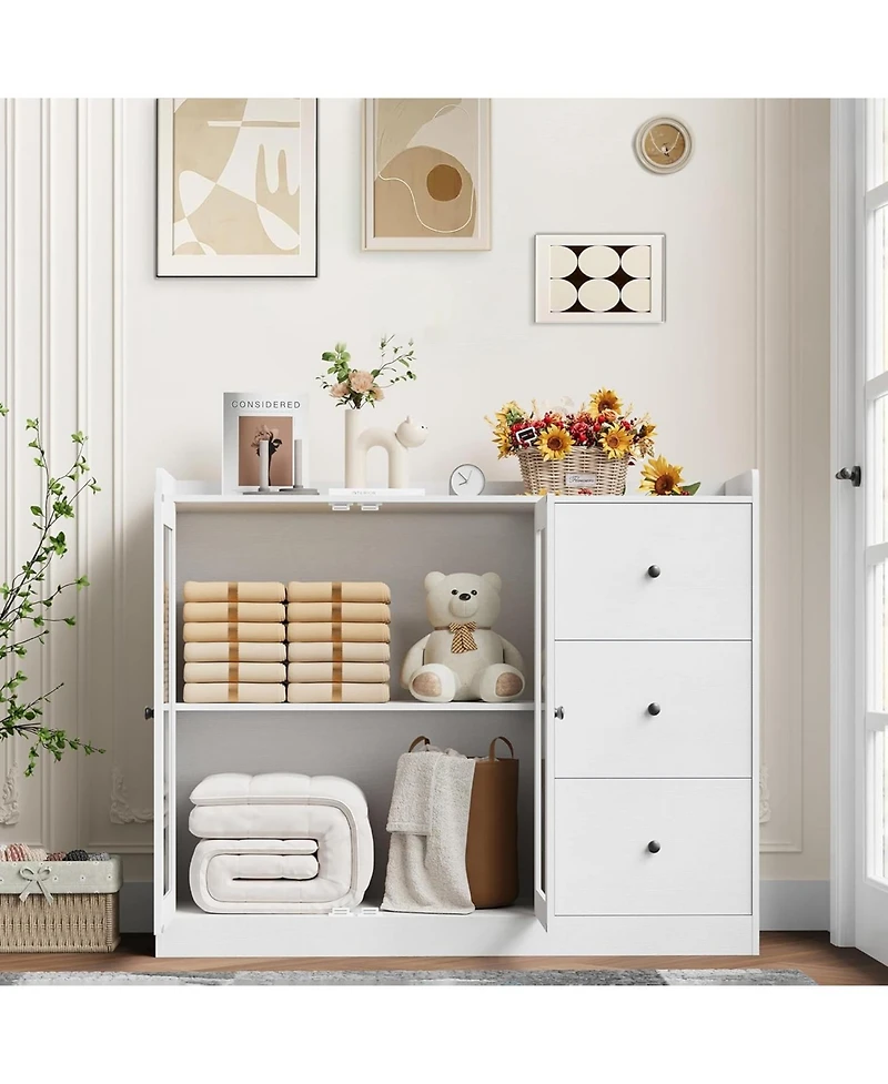 gaomon 43 Inch Buffet Cabinet with Storage, Modern Sideboard with Guardrail, Adjustable Shelves, 3 Drawers, Kitchen, White