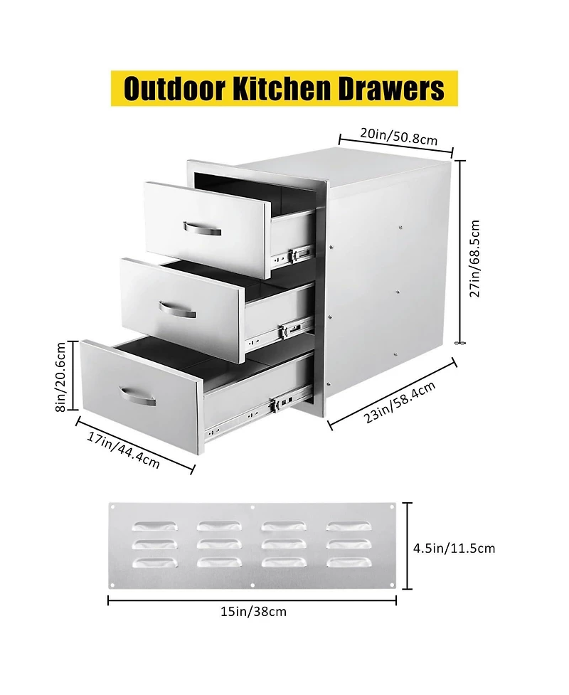 gaomon 20W x 23D x 27H Inch Outdoor Kitchen Drawers, Flush Mount Triple Bbq Storage Drawers, Stainless Steel