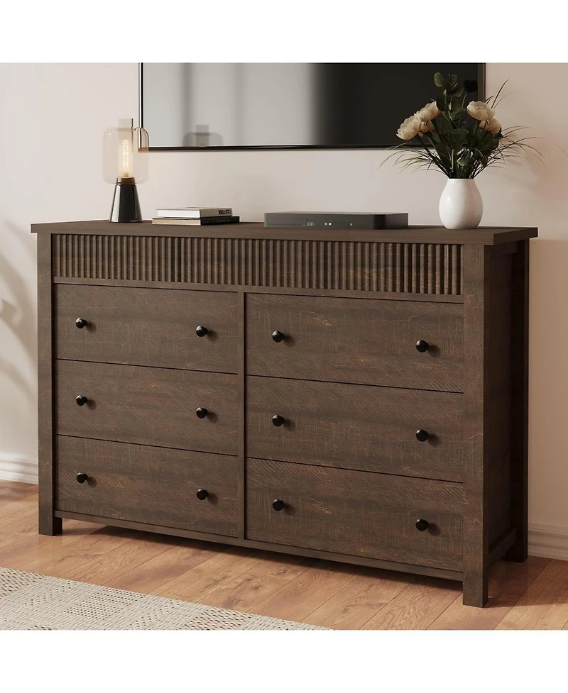 gaomon 6-Drawer Farmhouse Dresser Bedroom Wooden Chest of Drawers, Fluted Tv Stand Storage Cabinet for Living Room, Hallway, Office