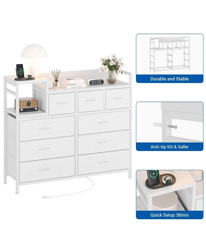 gaomon 9-Drawer Modern Dresser with Charging Station, Heavy-Duty Storage Chest, Power Cord, Bedroom, Living Room, Entryway