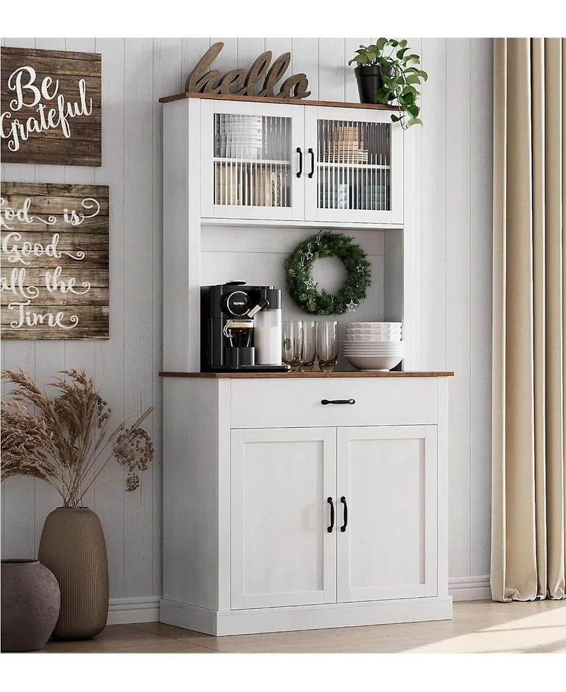 gaomon Kitchen Cabinet with Glass Doors, Large Drawer, Adjustable Shelves, Cable Hole, Anti-Tilt Storage, White