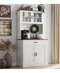 gaomon Kitchen Cabinet with Glass Doors, Large Drawer, Adjustable Shelves, Cable Hole, Anti-Tilt Storage, White