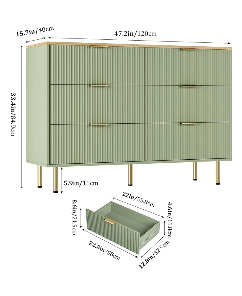 gaomon 6-Drawer Modern Fluted Wood Dresser with Gold Handle, Large Storage Organizer for Bedroom, Living Room, Hallway, Green