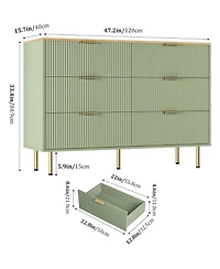 gaomon 6-Drawer Modern Fluted Wood Dresser with Gold Handle, Large Storage Organizer for Bedroom, Living Room, Hallway, Green