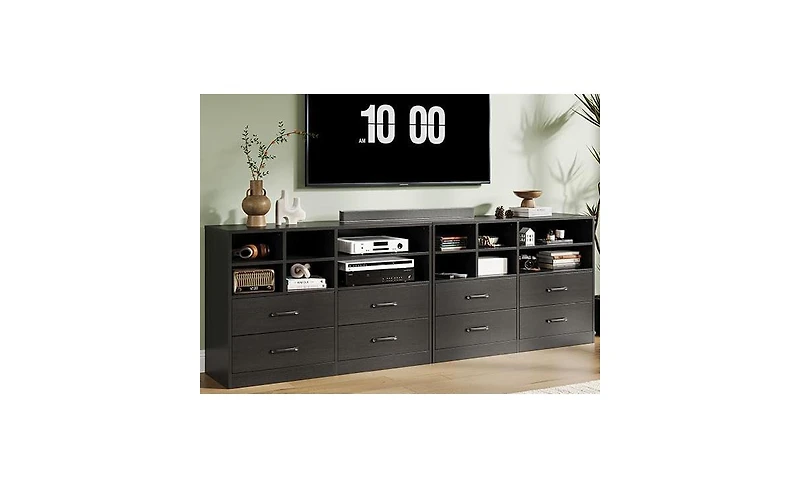 gaomon 4-Drawer Black Bedroom Dresser, 6 Open Shelves, Modern Tv Stand, Space-Saving Cabinet for Living Room