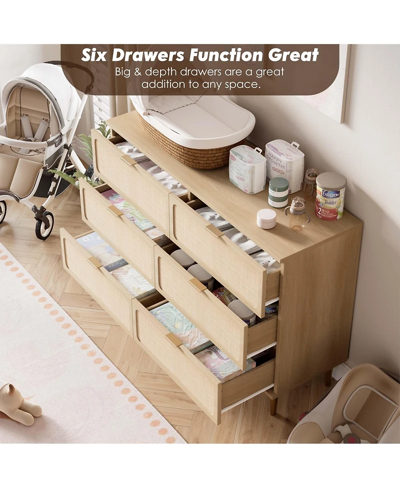 gaomon Rattan 6 Drawer Dresser for Bedroom, Large Double Dresser with Deep Drawers, Modern Chest Organizer