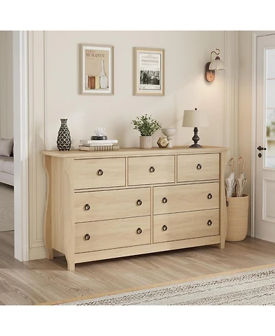 gaomon 7-Drawer Modern Wood Dresser with Golden Ring Pull Handles, Wide Storage Organizer Chest for Living Room, Entryway, Oak Finish