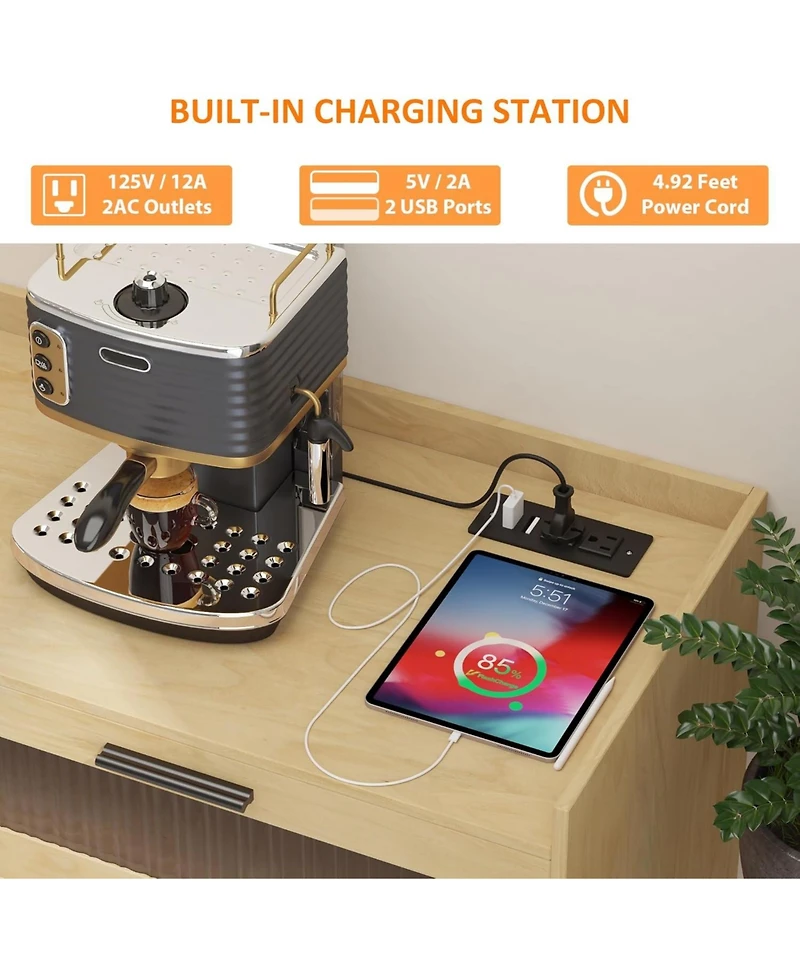 gaomon Farmhouse Storage Cabinet with Charging Station, Led Light, Rattan Buffet, Heavy Duty, Kitchen, Living Room