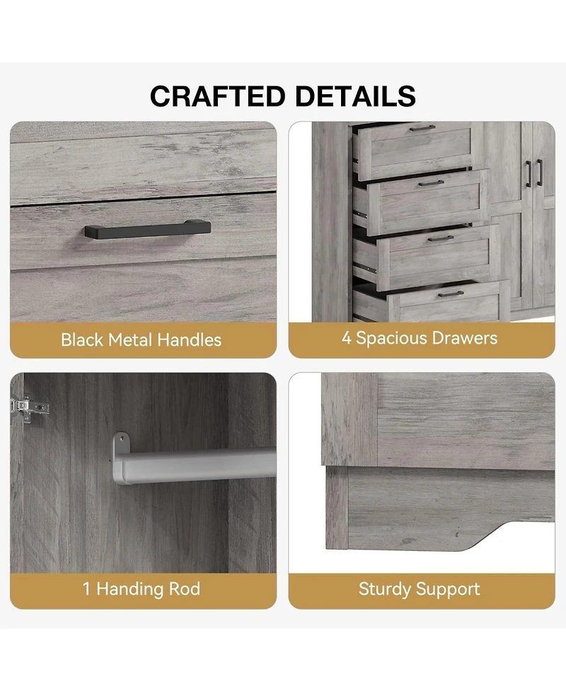 gaomon Modern Wooden Dresser for Bedroom, 43.3" 2-Door Wardrobe Armoire, 4 Drawers, Hanging Rod, Storage Cabinet