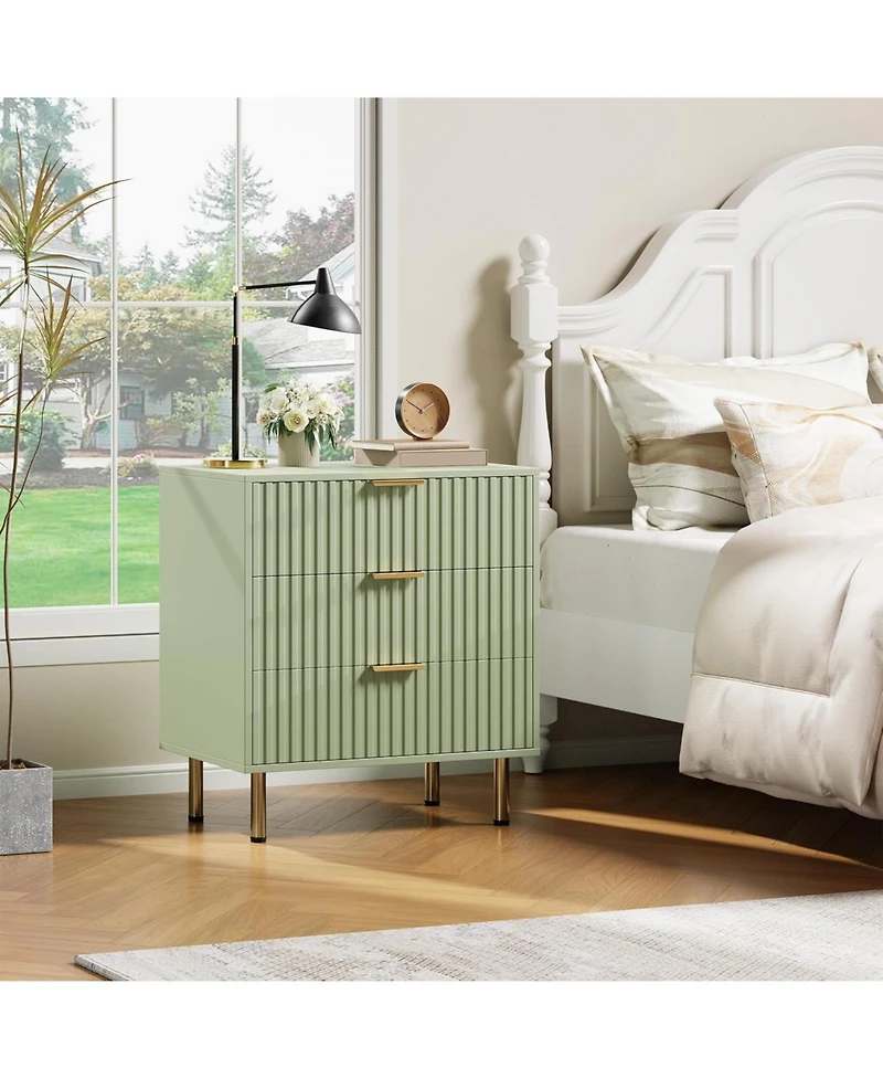 gaomon 3-Drawer Modern Fluted Green Dresser, Stylish Nightstand with Deep Drawers, Wide Top, Organizer for Bedroom