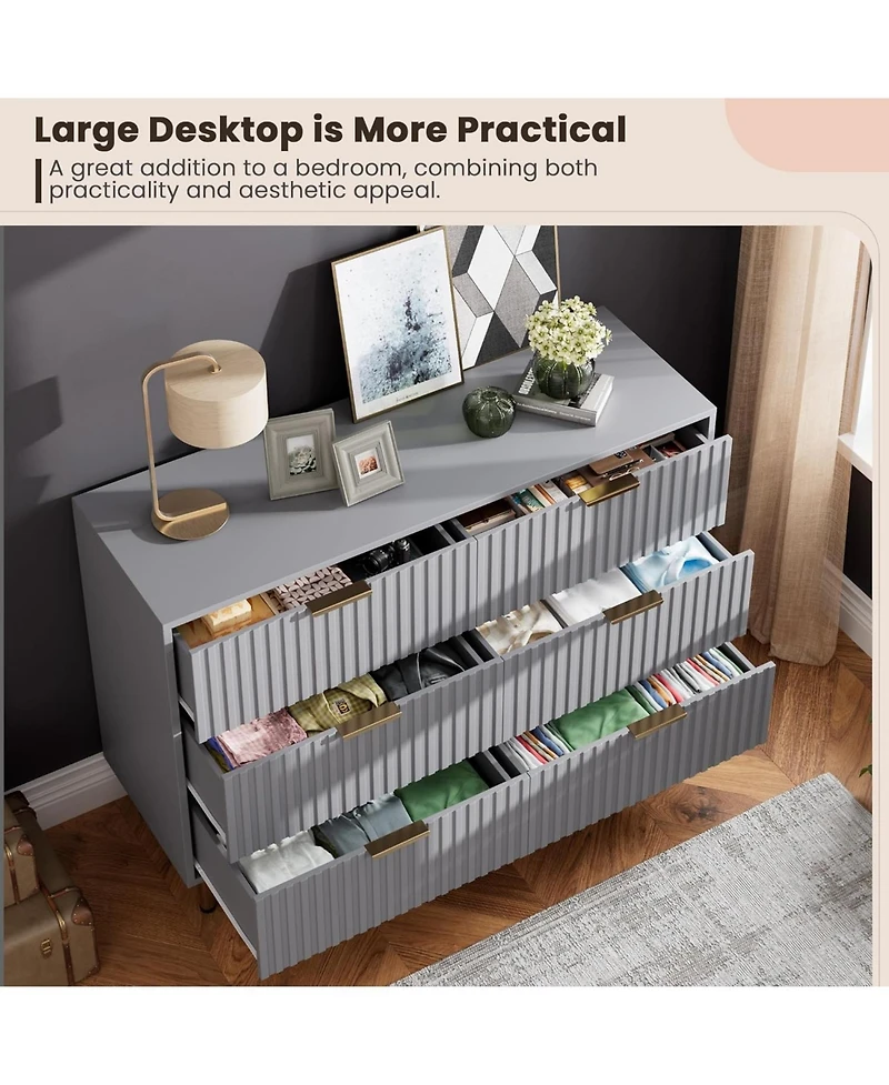 gaomon 6-Drawer Modern Fluted Dresser, 47.2 Inch Wide Chest, Deep Drawers, Tv Stand, Wooden Organizer for Bedroom, Living Room, Kids Room