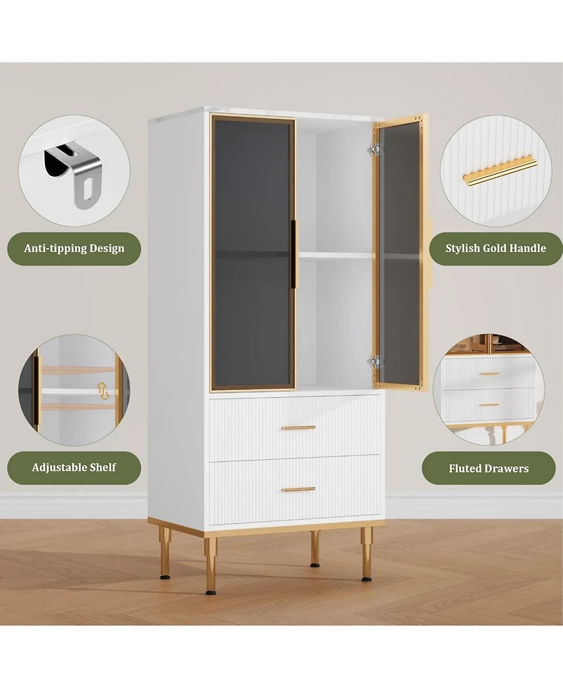 gaomon Fluted Storage Cabinet with Glass Door, 2 Drawers, Modern Pantry with Adjustable Shelves for Collectibles, Living Room, Office, White