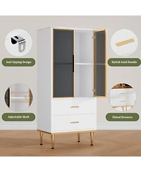 gaomon Fluted Storage Cabinet with Glass Door, 2 Drawers, Modern Pantry with Adjustable Shelves for Collectibles, Living Room, Office, White