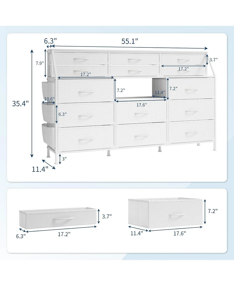 gaomon 14 Foldable Fabric Drawer Dresser with Wood Top, Tv Stand, Open Shelves, Metal Frame, Bedroom, Living Room, White