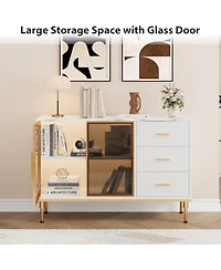 gaomon Fluted Sideboard Buffet Cabinet with Glass Doors, 3 Drawers, Marble Top, Kitchen & Dining Room, White