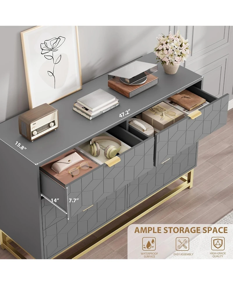 gaomon 47.2 Inch Grey 6-Drawer Modern Dresser, Wide Chest, Gold Metal Legs & Handles, Storage for Bedroom, Living Room, Hallway