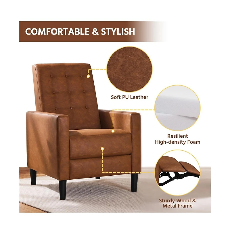Yaheetech Mid-Century Tufted Upholstered Faux Leather Recliner Sofa with Adjustable Back & Footres Brown