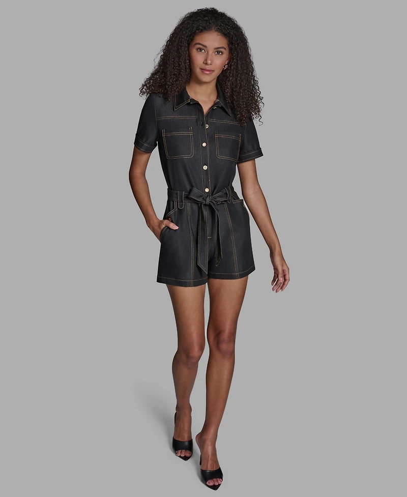 Bcbg Women's Stretch Denim Button-Front Closure Romper