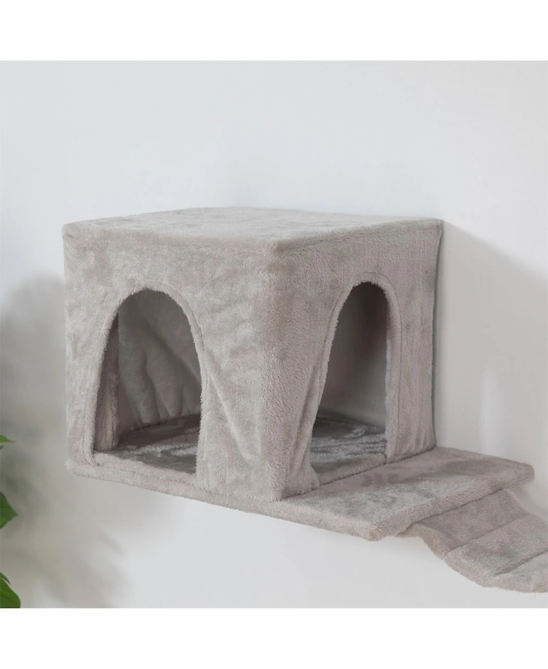 Aostirmotor Wall-mounted Cat Tree With 2 Cat Condos House, 3 Cat Wall Shelves in Beige