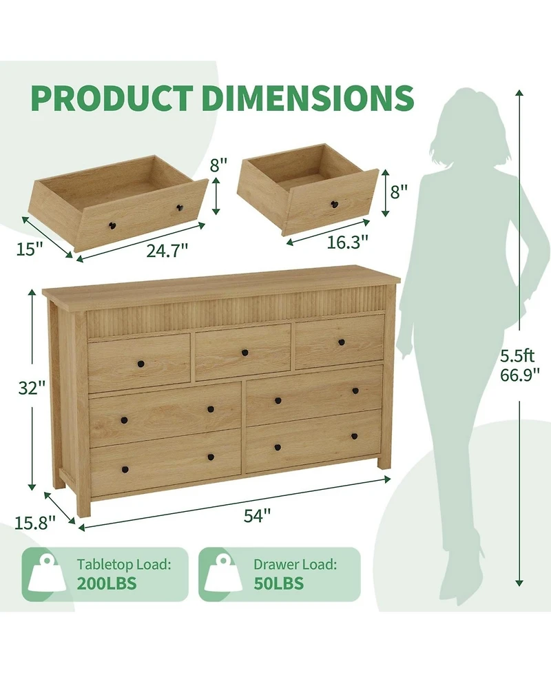 gaomon 7-Drawer Wooden Farmhouse Dresser with Fluted Design and Tv Stand Storage