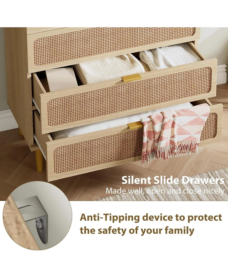 gaomon 5 Drawer Rattan Chest of Drawers with Deep Drawers, Modern Storage Cabinet Dresser