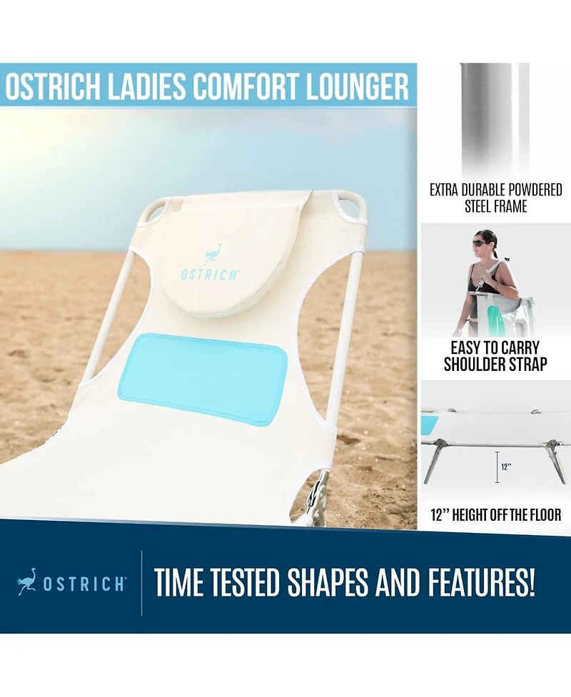Ostrich Ladies Comfort Lounger, Foldable Beach Camping Pool Tanning Chair, White