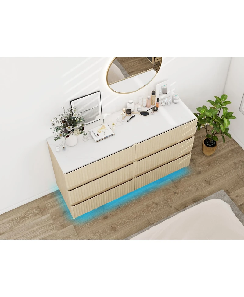 Streamdale Furniture Fluted 6-Drawer Double Dresser with Led