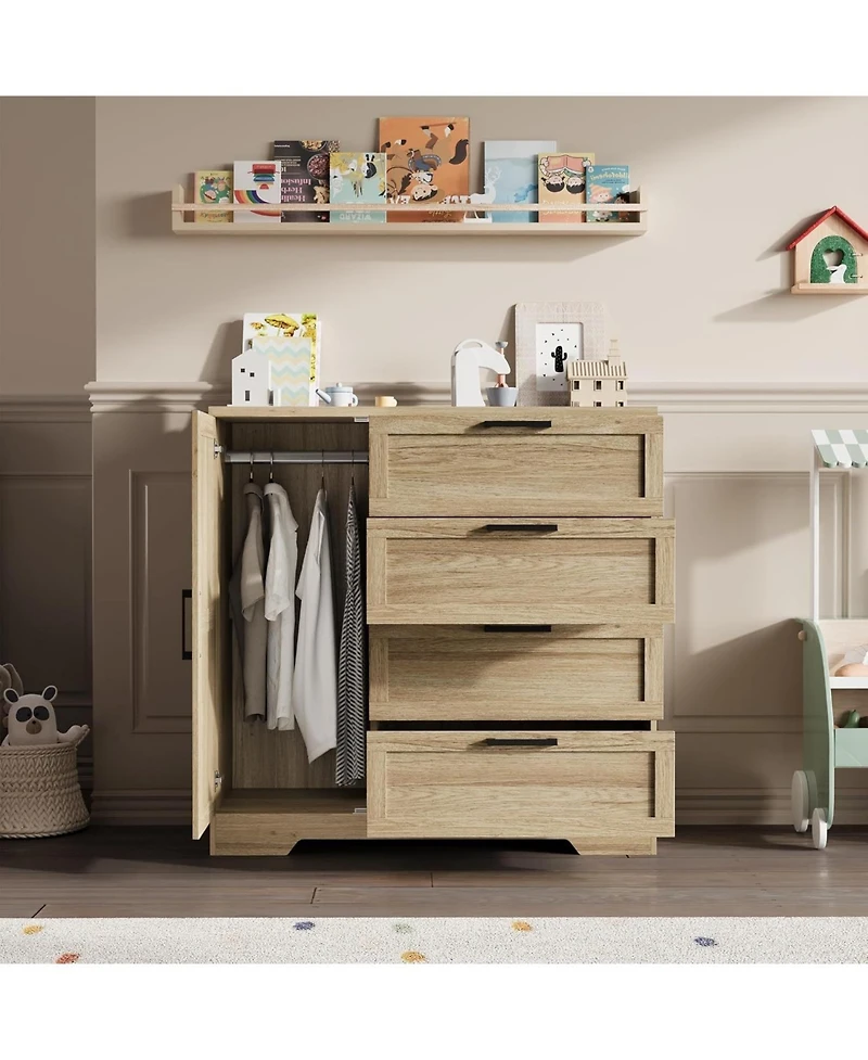 gaomon 4-Drawer Wood Modern Dresser with Wardrobe Closet and Hanging Rod