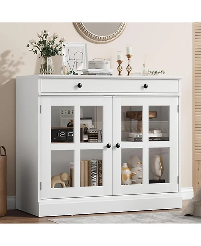 gaomon 35.4 Inch White Sideboard Buffet Cabinet, Glass Door, Drawer Storage, Modern Dining Room, Kitchen Cabinet