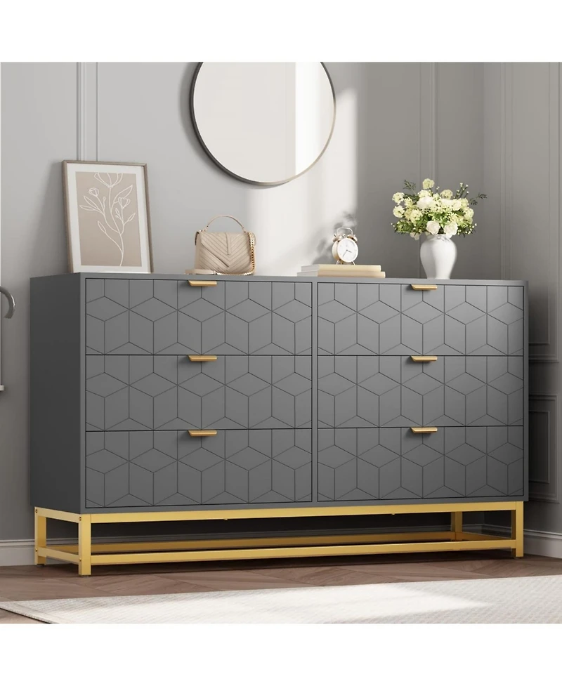 gaomon 53.5 Inch 6-Drawer Modern Dresser, Wide Chest with Gold Metal Legs & Handles, Storage for Bedroom, Living Room, Hallway, Grey