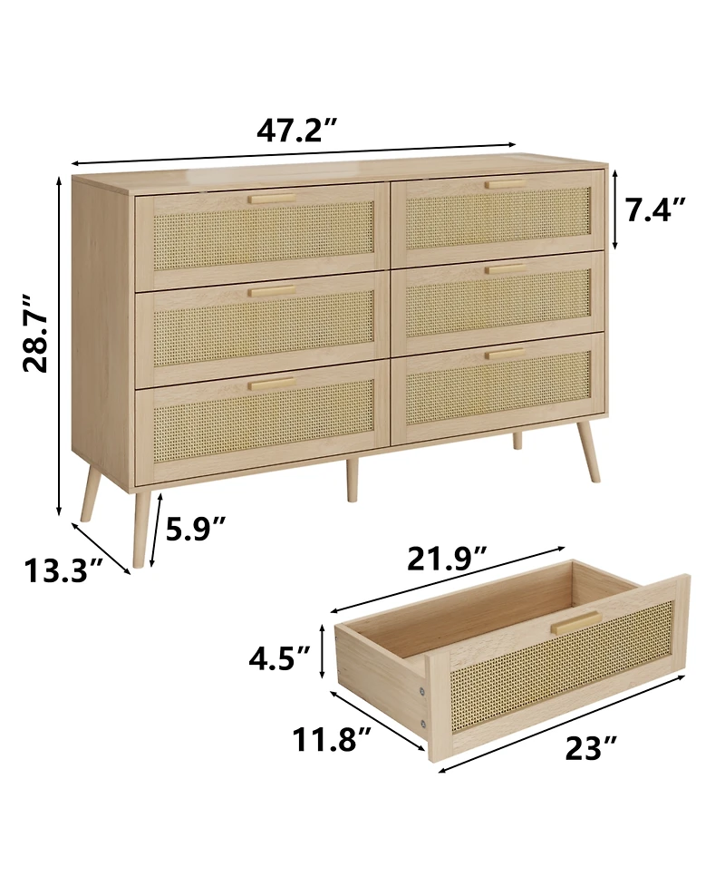 Streamdale Modern Rattan Dresser with 6 Drawers