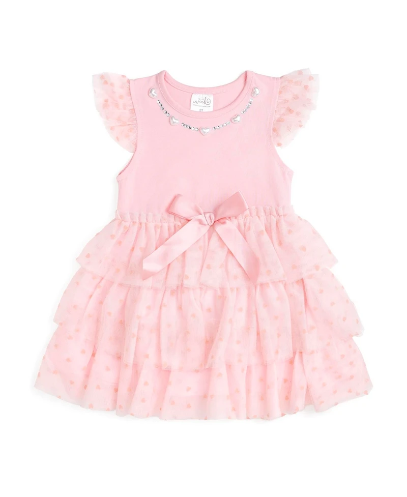 Sweet Wink Little Girls Flocked Heart Valentine's Day Tiered Short Sleeve Tutu Dress