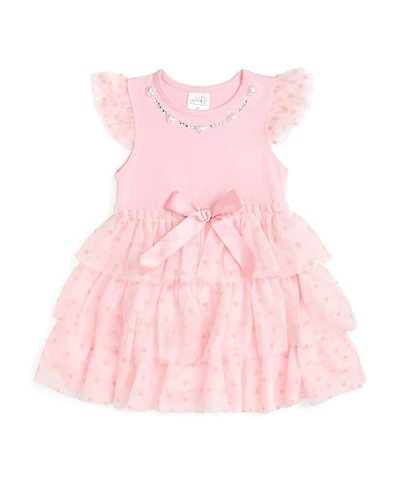 Sweet Wink Little Girls Flocked Heart Valentine's Day Tiered Short Sleeve Tutu Dress