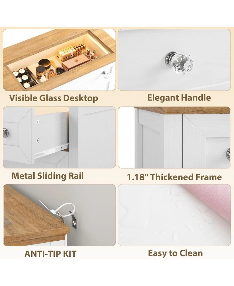 gaomon 4-Drawer Modern White Dresser with Led Night Light, Glass Tabletop, Nightstand Cabinet for Bedroom, Living Room, Entryway