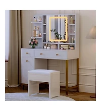 gaomon White Vanity Desk with Mirror & Led Lights, Makeup Dressing Table with Power Outlet, Bedroom