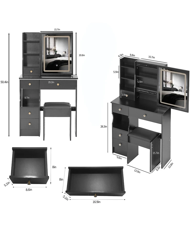 Streamdale Furniture Vanity Table with Led Mirror & Stool
