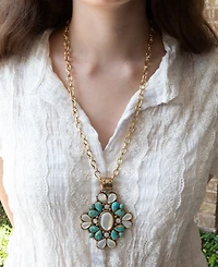 Barse Barcelona Blue Turquoise and Mother of Pearl Golden Statement Necklace