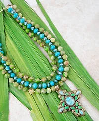 Barse Legacy Lime Green and Blue Turquoise Golden Cross Pendant Statement Necklace