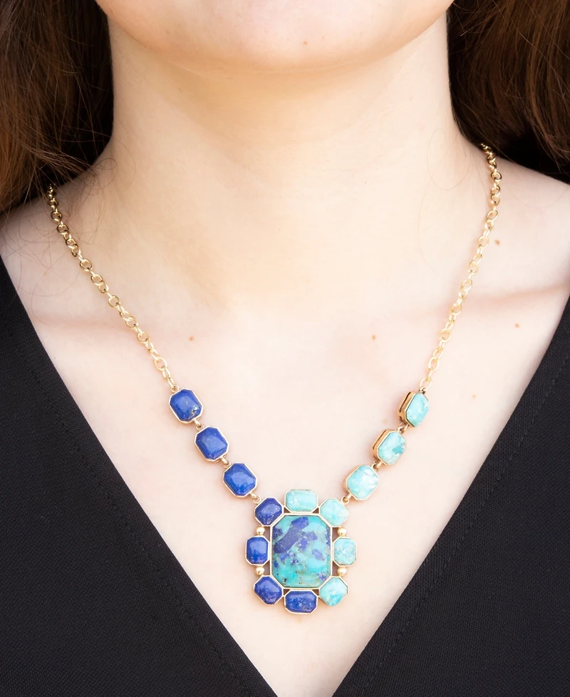 Barse Duality Blue Lapis and Turquoise Golden Pendant Necklace