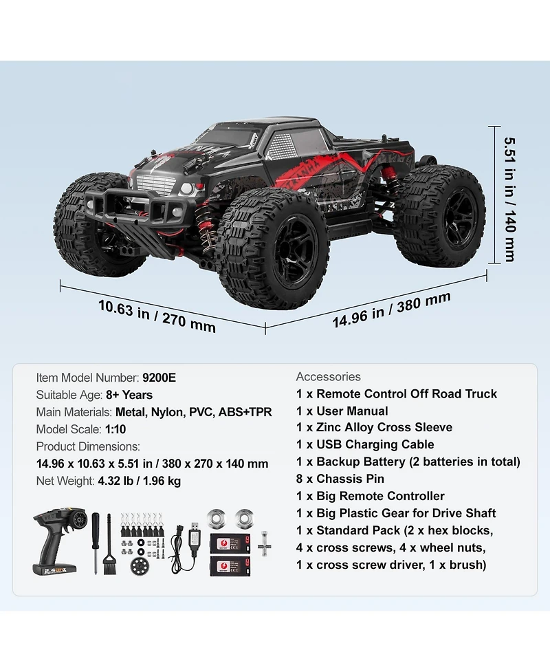 Mecale Rc Car 1:10, 4WD Off-Road Monster Truck 38 km/h with 45° Wheelie & 2 Batteries, High-Speed Racing Toy for Kids 8+, IPX4