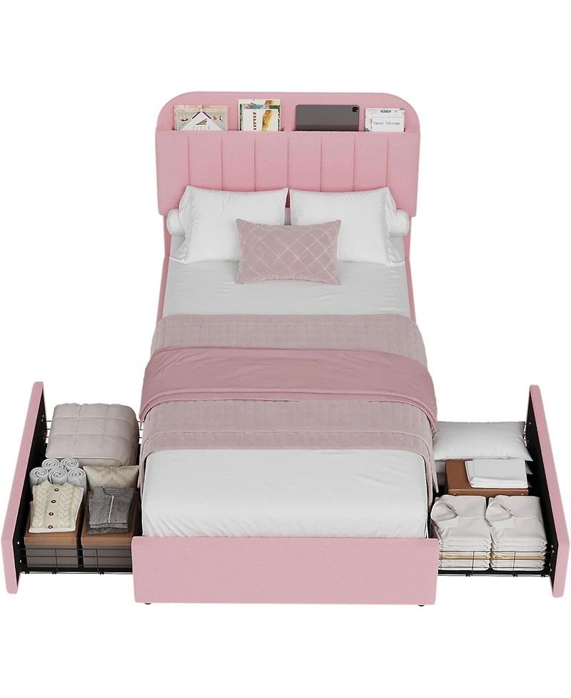 gaomon Boucle Storage Bed with Built-In Bookcase, 2 Drawers, Sturdy Frame, No Box Spring Required