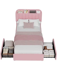 gaomon Boucle Storage Bed with Built-In Bookcase, 2 Drawers, Sturdy Frame, No Box Spring Required